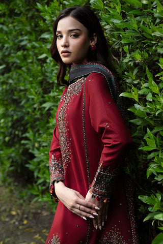 JAZMIN - 3PC DHANAK SEQUIN EMBROIDERED SHIRT WITH TWILL PRINTED SHAWL AND TROUSER - HZG1886
