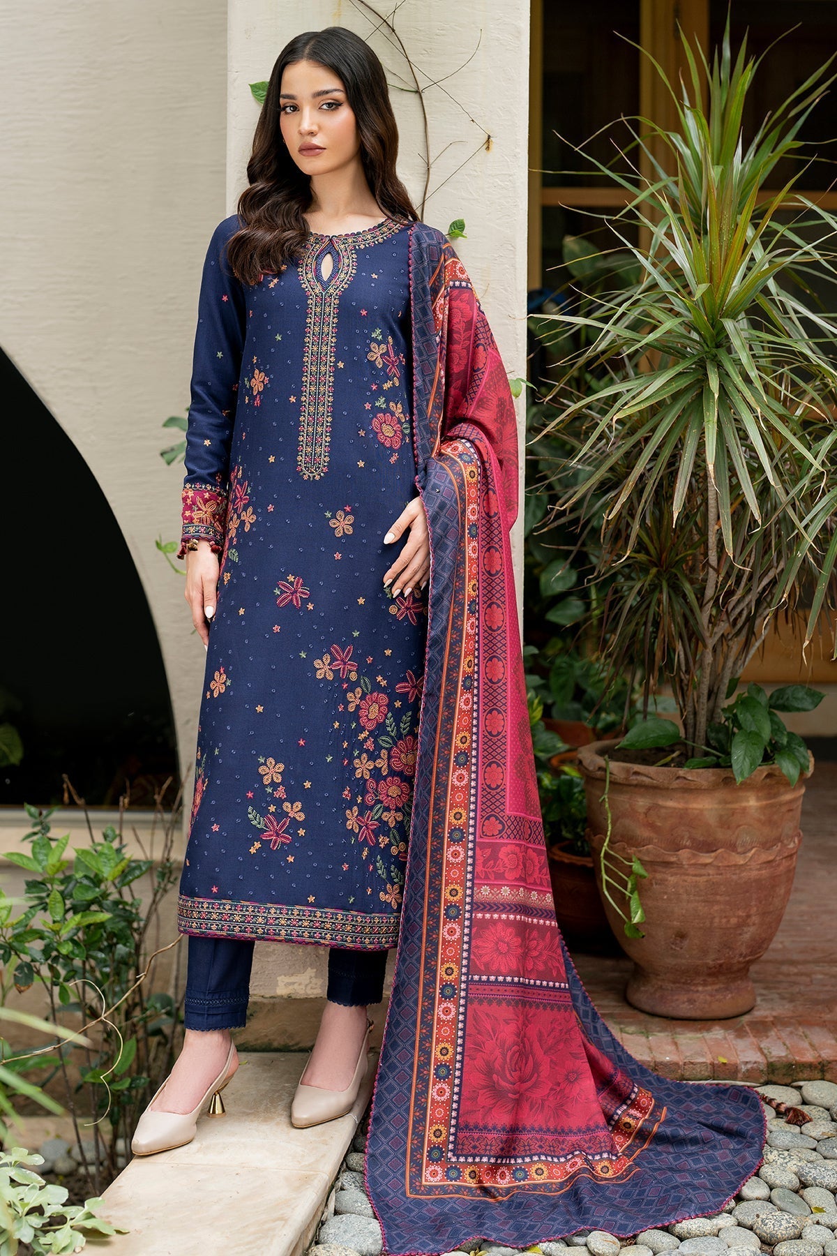 JAZMIN - 3PC KHADDAR EMBROIDERED SHIRT WITH TWILL PRINTED SHAWL AND TROUSER - HZG1828