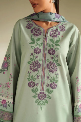SERAN - 3PC DHANAK EMBROIDERED SHIRT WITH TWILL PRINTED SHAWL AND TROUSER - HZU2536