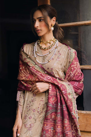 NUREH - 3PC DHANAK EMBROIDERED SHIRT WITH TWILL PRINTED SHAWL AND TROUSER - HZU2596