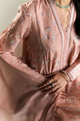 ZARA SHAH JAHAN - 3PC DHANAK EMBROIDERED SHIRT WITH DHANAK EMBROIDERED SHAWL AND TROUSER - HZG2330