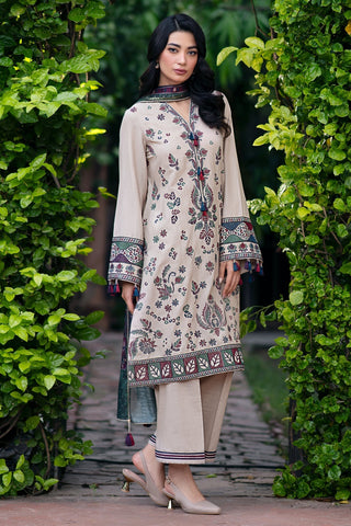 JAZMIN - 3PC DHANAK EMBROIDERED SHIRT WITH TWILL PRINTED SHAWL AND TROUSER - HZG1882
