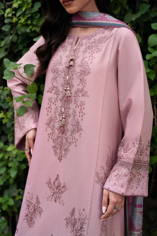 JAZMIN - 3PC DHANAK EMBROIDERED SHIRT WITH TWILL PRINTED SHAWL AND TROUSER - HZG1883