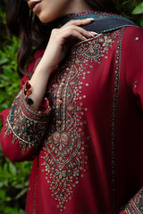 JAZMIN - 3PC DHANAK SEQUIN EMBROIDERED SHIRT WITH TWILL PRINTED SHAWL AND TROUSER - HZG1886