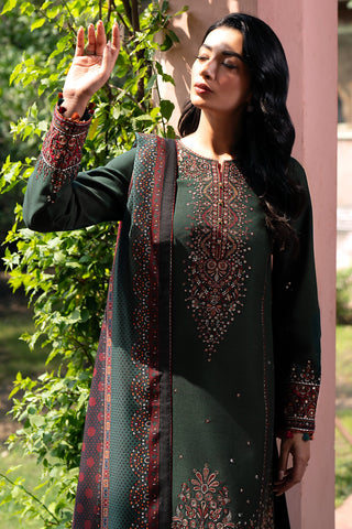 JAZMIN - 3PC DHANAK SEQUIN EMBROIDERED SHIRT WITH TWILL PRINTED SHAWL AND TROUSER - HZG1885