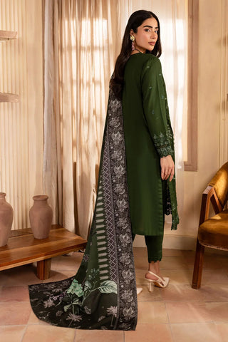 NUREH - 3PC DHANAK EMBROIDERED SHIRT WITH TWILL PRINTED SHAWL AND TROUSER - HZU2538