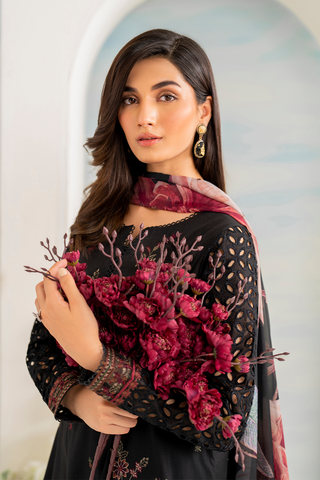 IZNIK - 3PC DHANAK EMBROIDERED SHIRT WITH TWILL PRINTED SHAWL AND TROUSER - HZG1819