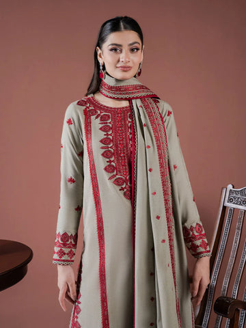 ASIM JOFA - 3PC DHANAK EMBROIDERED SHIRT WITH DHANAK EMBROIDERED SHAWL AND TROUSER - HZG2409