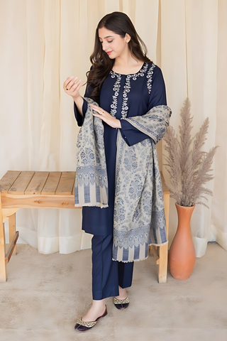 AISLING - 3PC DHANAK EMBROIDERED SHIRT WITH SLUB PRINTED SHAWL AND TROUSER - HZG1387