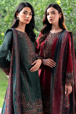 JAZMIN - 3PC DHANAK SEQUIN EMBROIDERED SHIRT WITH TWILL PRINTED SHAWL AND TROUSER - HZG1885