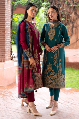 JAZMIN - 3PC KHADDAR EMBROIDERED SHIRT WITH PRINTED TWILL SHAWL AND TROUSER - HZG1799