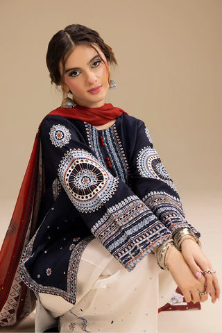 JAZMIN - 3PC DHANAK EMBROIDERED SHIRT WITH TWILL PRINTED SHAWL AND TROUSER - HZU2541