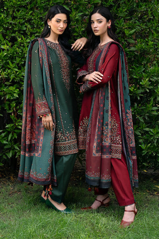 JAZMIN - 3PC DHANAK SEQUIN EMBROIDERED SHIRT WITH TWILL PRINTED SHAWL AND TROUSER - HZG1885