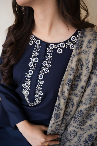AISLING - 3PC DHANAK EMBROIDERED SHIRT WITH SLUB PRINTED SHAWL AND TROUSER - HZG1387