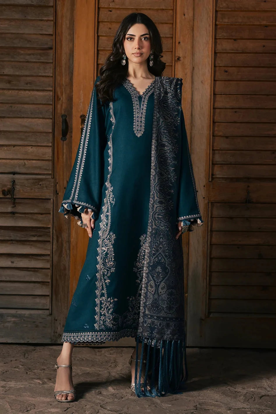 IZEL - 3PC DHANAK EMBROIDERED SHIRT TWILL PRINTED SHAWL AND TROUSER - HZG3158