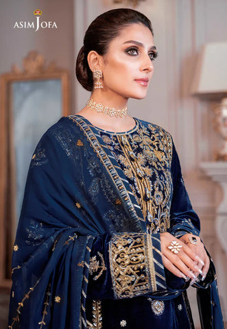 ASIM JOFA - 3PC VELVET EMBROIDERED SHIRT WITH CHIFFON EMBROIDERED DUPATTA & TROUSER - HZU2566