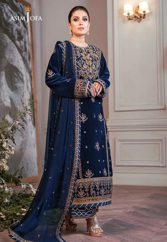 ASIM JOFA - 3PC VELVET EMBROIDERED SHIRT WITH CHIFFON EMBROIDERED DUPATTA & TROUSER - HZU2566