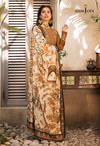 ASIM JOFA - 3PC DHANAK EMBROIDERED SHIRT WITH TWILL PRINTED SHAWL AND TROUSER - HZG1519