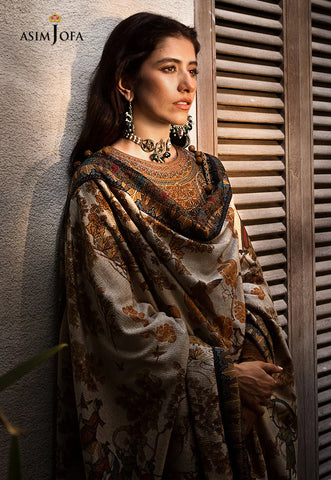 ASIM JOFA - 3PC DHANAK EMBROIDERED SHIRT WITH TWILL PRINTED SHAWL AND TROUSER - HZG1519