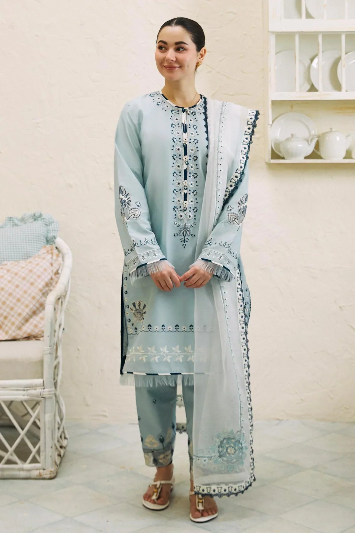 ZARA SHAHJAHAN - 3PC LAWN EMBROIDERED SHIRT WITH ORGANZA EMBROIDERED DUPATTA AND TROUSER - HZG2072