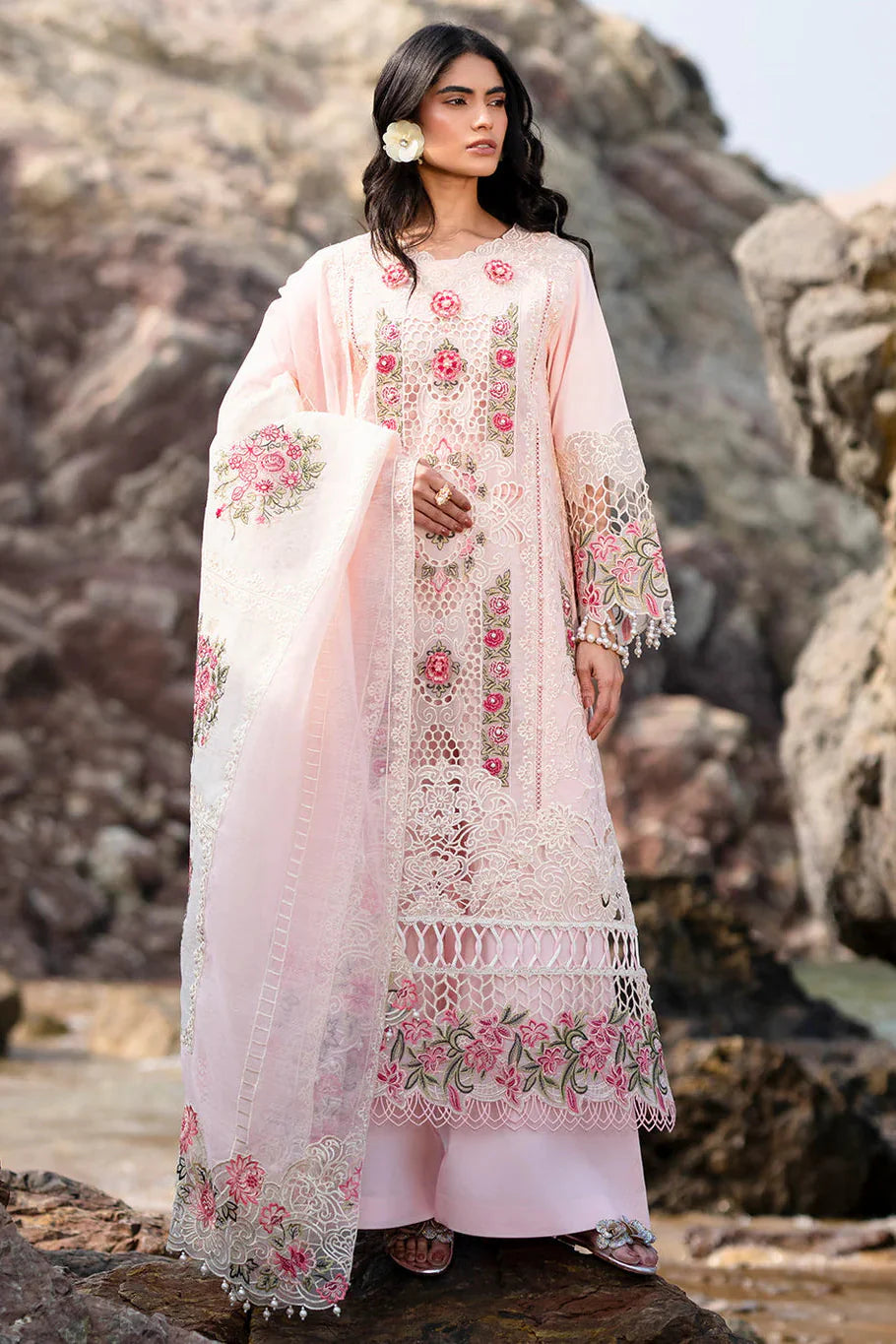 MAHNUR - 3PC LAWN LASERWORK EMBROIDERED SHIRT WITH KHADDI NET EMBROIDERED DUPATTA AND TROUSER - HZG2761