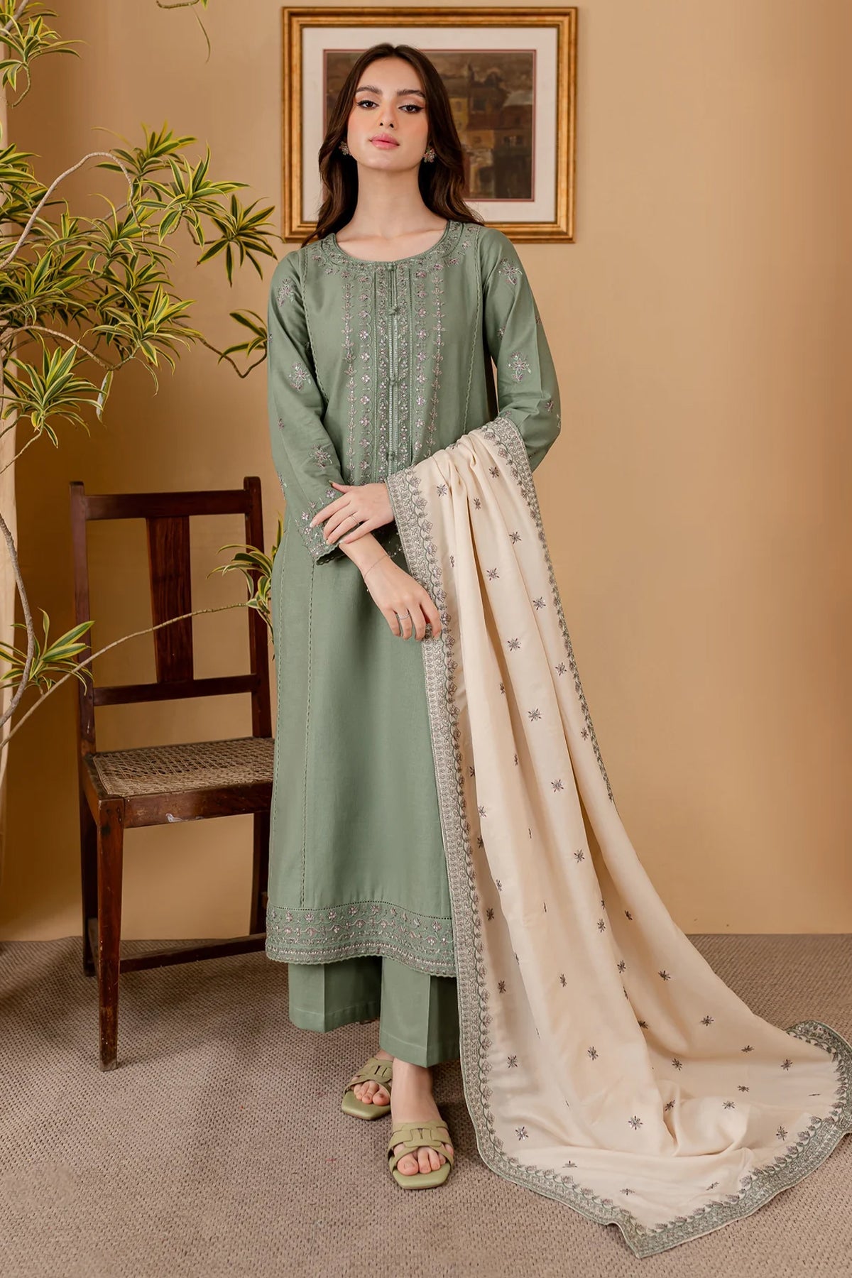 BATIK - 3PC DHANAK EMBROIDERED SHIRT WITH DHANAK EMBROIDERED SHAWL AND TROUSER - HZG1479