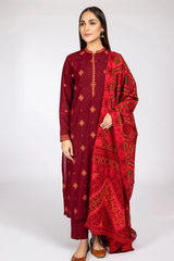 KAYSERIA - 3PC DHANAK EMBROIDERED SHIRT WITH TWILL PRINTED SHAWL AND TROUSER - HZG2504