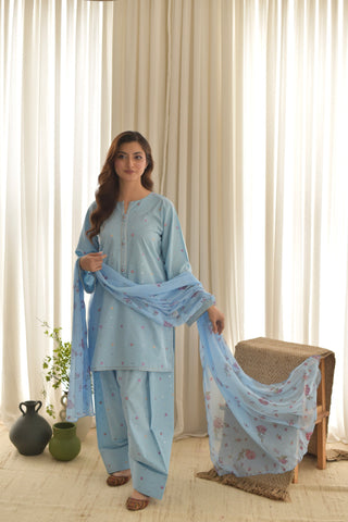AISLING - 3PC DHANAK EMBROIDERED SHIRT WITH TWILL PRINTED SHAWL AND TROUSER - HZU2533