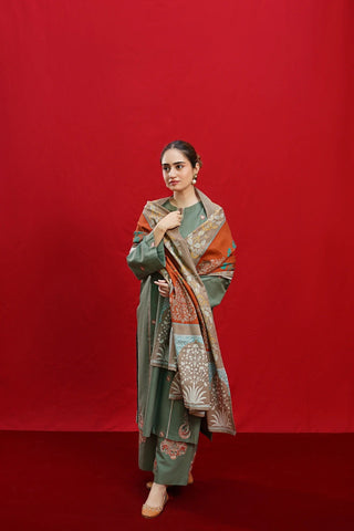 URGE - 3PC DHANAK EMBROIDERED SHIRT WITH TWILL PRINTED SHAWL AND TROUSER - HZG1954