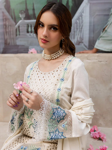 MAHNUR - 3PC LAWN EMBROIDERED SHIRT WITH LAWN LASER EMBROIDERED DUPATTA AND TROUSER - HZG2177
