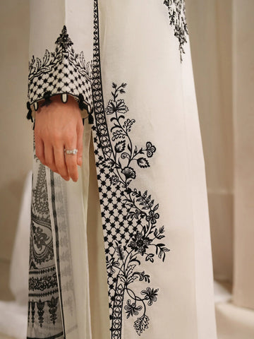 GARNET - 3PC KHADDAR EMBROIDERED SHIRT WITH TWILL PRINTED SHAWL AND TROUSER - HZU2505