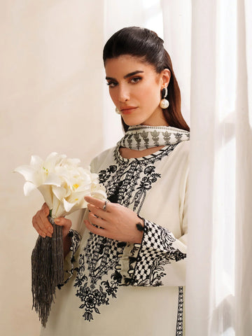 GARNET - 3PC KHADDAR EMBROIDERED SHIRT WITH TWILL PRINTED SHAWL AND TROUSER - HZU2505