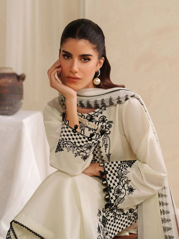 GARNET - 3PC KHADDAR EMBROIDERED SHIRT WITH TWILL PRINTED SHAWL AND TROUSER - HZU2505