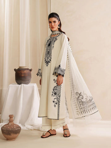 GARNET - 3PC KHADDAR EMBROIDERED SHIRT WITH TWILL PRINTED SHAWL AND TROUSER - HZU2505
