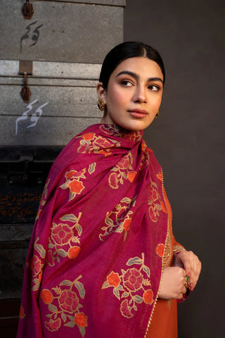 ZARA SHAHJAHAN - 3PC DHANAK EMBROIDERED SHIRT WITH TWILL PRINTED SHAWL AND TROUSER - HZG2579