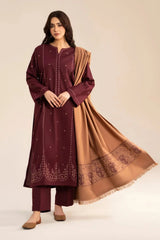BATIK - 3PC DHANAK EMBROIDERED SHIRT DHANAK EMBROIDERED SHAWL AND TROUSER - HZG3171