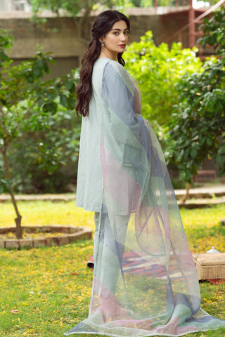 JAZMIN - 3PC DHANAK EMBROIDERED SHIRT AND ORGANZA PRINTED DUPATTA WITH TROUSER - HZG2542