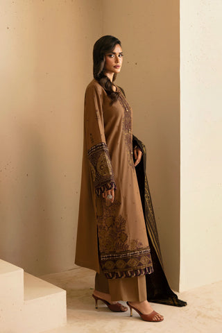 ETHNC - 3PC DHANAK EMBROIDERED SHIRT WITH TWILL PRINTED SHAWL AND TROUSER - HZG1927