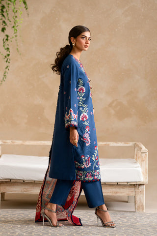 ETHNC - 3PC DHANAK EMBROIDERED SHIRT WITH TWILL PRINTED SHAWL AND TROUSER - HZG2396