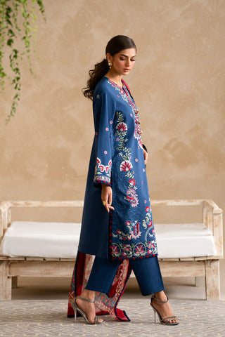 ETHNC - 3PC DHANAK EMBROIDERED SHIRT WITH TWILL PRINTED SHAWL AND TROUSER - HZG2396