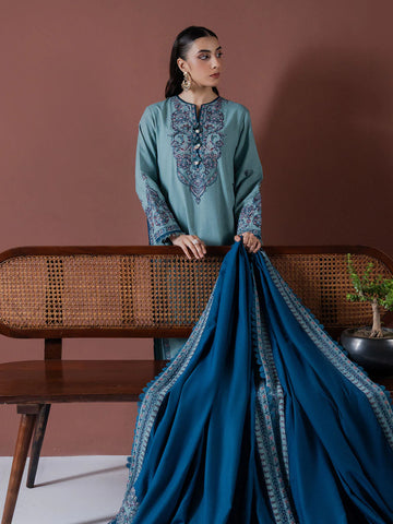 ASIM JOFA - 3PC DHANAK EMBROIDERED SHIRT WITH DHANAK EMBROIDERED SHAWL AND TROUSER - HZG2383