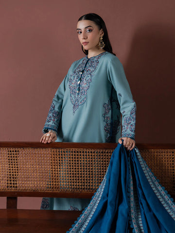 ASIM JOFA - 3PC DHANAK EMBROIDERED SHIRT WITH DHANAK EMBROIDERED SHAWL AND TROUSER - HZG2383