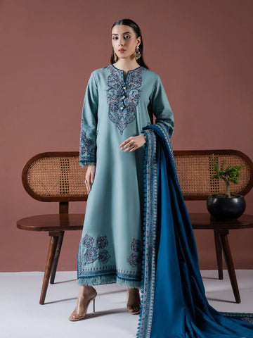 ASIM JOFA - 3PC DHANAK EMBROIDERED SHIRT WITH DHANAK EMBROIDERED SHAWL AND TROUSER - HZG2383