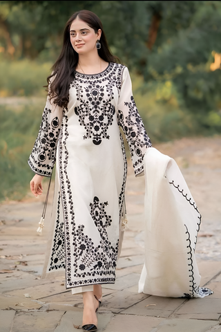 AZURE - 3PC DHANAK EMBROIDERED SHIRT WITH Cotton Net duppata AND TROUSER - HZG1821