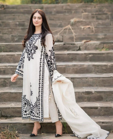 AZURE - 3PC DHANAK EMBROIDERED SHIRT WITH Cotton Net duppata AND TROUSER - HZG1821