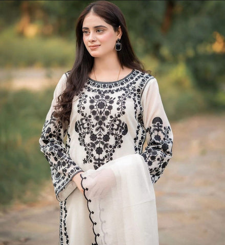 AZURE - 3PC DHANAK EMBROIDERED SHIRT WITH Cotton Net duppata AND TROUSER - HZG1821