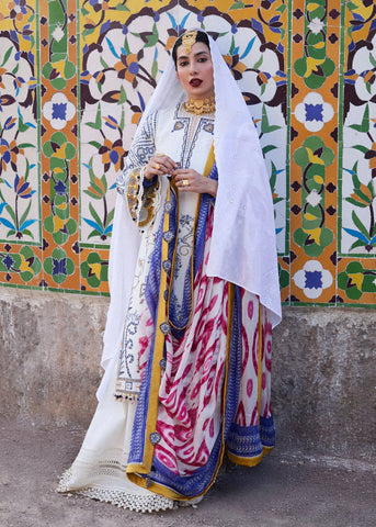 HUSSAIN REHAR - 3PC KHADDAR EMBROIDERED SHIRT WITH TWILL PRINTED SHAWL AND TROUSER - HZG2387