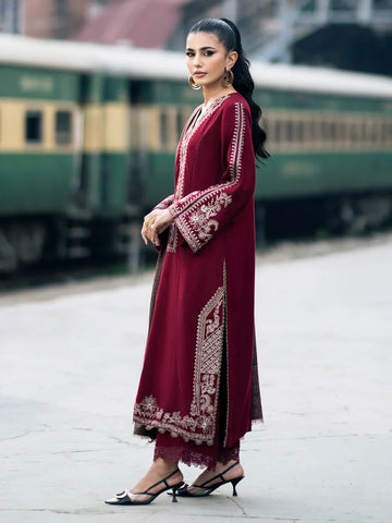 IZEL - 3PC DHANAK EMBROIDERED SHIRT WITH TWILL PRINTED SHAWL AND TROUSER - HZG1878