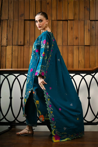 ZAIB - 3PC KARANDI  EMBROIDERED SHIRT WITH KARANDI  EMBROIDERED SHAWL AND TROUSER - HZU2589