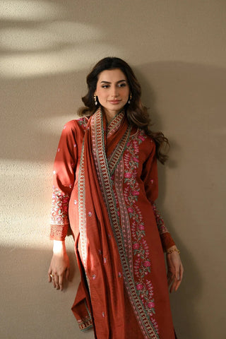 ZAIB - 3PC DHANAK EMBROIDERED SHIRT WITH DHANAK EMBROIDERED SHAWL AND TROUSER - HZU2595